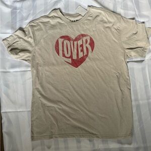 Beige “Lover” T-Shirt with Red Heart Graphic